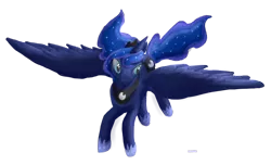 Size: 1024x624 | Tagged: safe, artist:foxhat94, derpibooru import, princess luna, simple background, smiling, solo, spread wings, transparent background