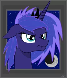 Size: 3000x3488 | Tagged: alternate hairstyle, angry, artist:5bap99, bust, derpibooru import, floppy ears, glare, nose wrinkle, portrait, princess luna, safe, scrunchy face, short mane, solo