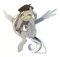 Size: 800x755 | Tagged: safe, artist:nerior, derpibooru import, oc, unofficial characters only, pegasus, pony, beret, gray, gray coat, hind legs, squishy, squishy cheeks, white hair, wingboner