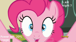 Size: 500x277 | Tagged: animated, close-up, derpibooru import, discovery family logo, edit, edited screencap, five nights at freddy's, fourth wall, fourth wall destruction, he wants all of the cakes, looking at you, loop, make new friends but keep discord, pinkie pie, safe, screencap, screen shake, shaking, solo, static
