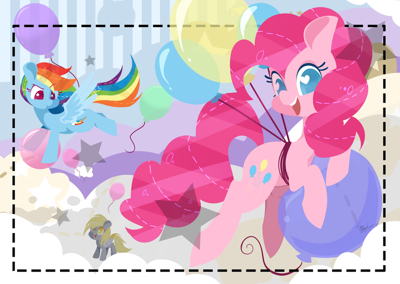 Size: 2906x2063 | Tagged: safe, artist:snow angel, derpibooru import, derpy hooves, pinkie pie, rainbow dash, pegasus, pony, balloon, female, mare, then watch her balloons lift her up to the sky