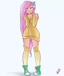 Size: 468x553 | Tagged: artist:mrscurlystyles, blushing, clothes, converse, derpibooru import, female, fluttershy, human, humanized, looking at you, safe, shoes, simple background, socks, solo, sweater, sweatershy, white background