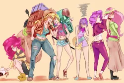 Size: 2500x1682 | Tagged: angry, applejack, applejack's hat, artist:sundown, backpack, belly button, belt, blushing, boots, choker, clothes, converse, cowboy hat, crab, dance party, derpibooru import, dress, eyes closed, facepalm, female, floral head wreath, fluttershy, get, glare, gritted teeth, hat, hermit crab, horned humanization, human, humanized, index get, jacket, line-up, long skirt, looking at each other, mane six, map, midriff, milestone, pants, pinkie pie, poking, rainbow dash, rarity, safe, shirt, shoes, shorts, simple background, skinny, skirt, smiling, sword, torn clothes, twilight sparkle, weapon, winged humanization, x00000 milestone