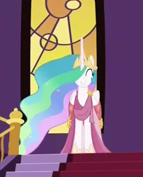 Size: 552x682 | Tagged: safe, derpibooru import, screencap, princess celestia, alicorn, pony, make new friends but keep discord, clothes, cute, cutelestia, dress, eyes closed, female, gala dress, grin, happy, hoof shoes, jewelry, mare, regalia, smiling, solo, stairs