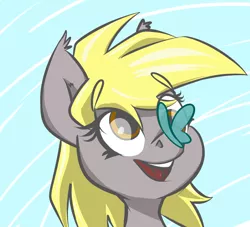 Size: 1024x931 | Tagged: safe, artist:megagibs, derpibooru import, derpy hooves, butterfly, pegasus, pony, bust, butterfly on nose, cute, derpabetes, ear fluff, ear tufts, female, insect on nose, mare, open mouth, palindrome get, portrait, smiling, solo