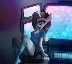 Size: 950x841 | Tagged: anthro, anthro oc, artist:crutonart, bedroom eyes, clothes, computer, derpibooru import, lip bite, looking at you, oc, oc:zuri, safe, shorts, sitting, smiling, solo, unofficial characters only, zebra