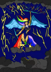 Size: 1240x1754 | Tagged: artist:foxgar, cloud, dark clouds, derpibooru import, human, humanized, nightmare rainbow dash, nightmarified, rainbow dash, safe, solo, thunderbolt, thunderstorm