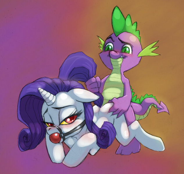 Size: 700x664 | Tagged: explicit, artist:flick-the-thief, derpibooru import, edit, discord, rarity, spike, ballgag, character proxy, character to character, colored sclera, dispike, duo, eyebrows, female, femsub, floppy ears, gag, harness balgag, harness gag, image, implied shipping, implied sparity, implied straight, interspecies, jpeg, male, not gay, older, rarisub, rule 63, sex, shipping, straight, subcord, submissive, tail pull, transformation, x was discord all along, yellow sclera