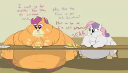 Size: 1280x738 | Tagged: suggestive, artist:astr0zone, derpibooru import, scootaloo, sweetie belle, pegasus, pony, unicorn, belly, blob, chubby cheeks, cinnamon bun, fat, fat fetish, fetish, impossibly large belly, impossibly wide hips, messy eating, morbidly obese, obese, plate, scootalard, slosh, stomach noise, sweetie belly, table, weight gain, wide hips