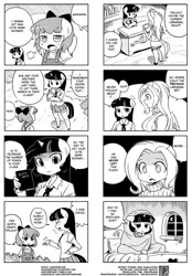 Size: 900x1290 | Tagged: 4koma, ambiguous facial structure, anthro, apple bloom, artist:shepherd0821, big breasts, breasts, busty fluttershy, comic, death note, derpibooru import, female, fluttershy, monochrome, semi-grimdark, translation, twilight sparkle