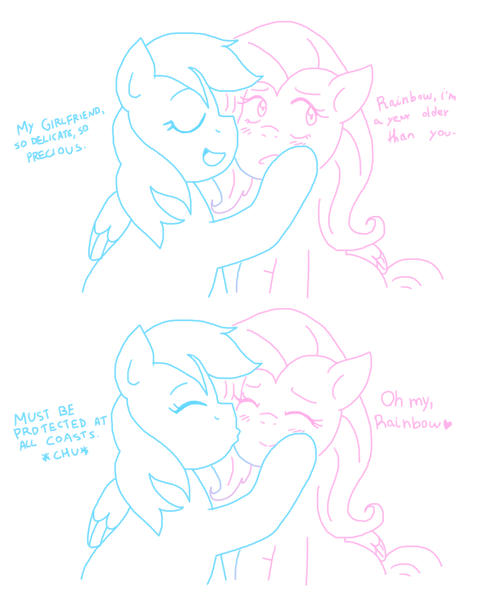 Size: 1200x1500 | Tagged: safe, artist:stockingstreams, derpibooru import, fluttershy, rainbow dash, blushing, comic, dialogue, female, flutterdash, kissing, lesbian, shipping