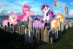 Size: 4227x2813 | Tagged: safe, artist:auskeldeo, derpibooru import, applejack, fluttershy, pinkie pie, rainbow dash, rarity, twilight sparkle, twilight sparkle (alicorn), alicorn, pony, absurd resolution, city, female, frown, giant pony, giant rainbow dash, grin, gritted teeth, growth, highrise ponies, hong kong, irl, macro, magic, mare, mega twilight sparkle, mega/giant rainbow dash, open mouth, photo, ponies in real life, smiling, spread wings, wide eyes