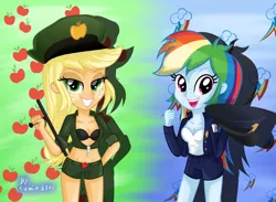 Size: 2378x1743 | Tagged: suggestive, artist:sumin6301, derpibooru import, applejack, rainbow dash, equestria girls, belly button, bra, breasts, cleavage, clothes, female, hot pants, midriff, nightstick, police uniform, tonfa, underwear