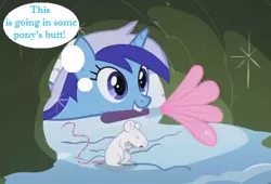 Size: 500x340 | Tagged: suggestive, derpibooru import, edit, edited screencap, screencap, minuette, mouse, pony, winter wrap up, caption, implied anal insertion, implied insertion, mouth hold, winter wrap up song