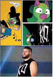 Size: 712x1024 | Tagged: cheerilee, cloverleaf, derpibooru import, idw, kevin owens, meme, safe, spoiler:comic, spoiler:comic29, surprise entrance meme, wrestling, wwe