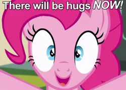 Size: 700x500 | Tagged: bronybait, caption, derpibooru import, excited, happy, he wants all of the cakes, hug, image macro, looking at you, make new friends but keep discord, open mouth, pinkie pie, safe, screencap, solo