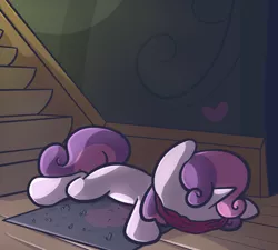 Size: 1280x1152 | Tagged: artist:spikedmauler, blindfold, derpibooru import, faceplant, go ask sweetie belle, prone, rug, safe, solo, stairs, sweetie belle