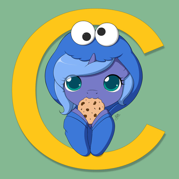 Size: 1000x1000 | Tagged: :3, artist:jdan-s, c, clothes, colored pupils, cookie, cookie monster, cute, derpibooru import, female, filly, green background, hoodie, looking at you, lunabetes, nom, princess luna, safe, sesame street, signature, simple background, solo, weapons-grade cute, woona