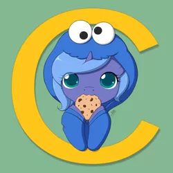 Size: 1000x1000 | Tagged: :3, artist:jdan-s, c, clothes, colored pupils, cookie, cookie monster, cute, derpibooru import, female, filly, green background, hoodie, looking at you, lunabetes, nom, princess luna, safe, sesame street, signature, simple background, solo, weapons-grade cute, woona