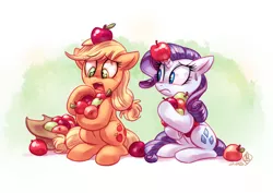 Size: 1800x1275 | Tagged: safe, artist:whitediamonds, derpibooru import, applejack, rarity, earth pony, pony, unicorn, apple, duo, female, hat, horn impalement, lesbian, mare, open mouth, rarijack, rarijack daily, shipping, sitting, sweat, that pony sure does love apples, why can't i hold all these x