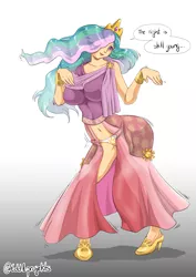 Size: 2894x4093 | Tagged: absurd resolution, artist:muramasa, belly button, belly dancer, breasts, busty princess celestia, clothes, cutie mark underwear, derpibooru import, dress, female, human, humanized, make new friends but keep discord, panties, princess celestia, quote, showgirl skirt, solo, solo female, suggestive, underwear, white underwear, wide hips