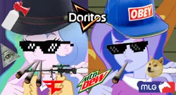 Size: 1022x550 | Tagged: airhorn, chips, cigarette, derpibooru import, doge, doritos, edit, female, food, gun, illuminati, mlg, mountain dew, optical sight, princess celestia, princess luna, principal celestia, rifle, safe, sniper rifle, sunglasses, vice principal luna, weapon