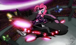 Size: 1024x613 | Tagged: safe, artist:eztp, derpibooru import, pinkie pie, surprise, pony, bodysuit, hoverbike, neon, science fiction, tron