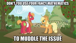 Size: 1280x720 | Tagged: angry, applebuck season, applejack, big macintosh, derpibooru import, dialogue, edit, edited screencap, fancy mathematics, image macro, male, meme, pointing, safe, screencap, sweet apple acres, text