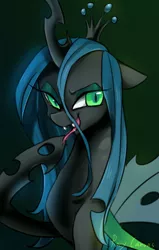 Size: 661x1039 | Tagged: safe, artist:rocy canvas, derpibooru import, queen chrysalis, changeling, changeling queen, eyeshadow, fangs, floppy ears, lidded eyes, looking at you, makeup, open mouth, pixiv, raised hoof, smiling, solo, tongue out