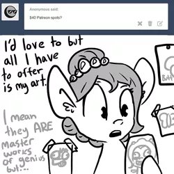 Size: 630x630 | Tagged: safe, artist:brownie bun, artist:tjpones, derpibooru import, oc, oc:brownie bun, unofficial characters only, pony, horse wife, ask, butt, monochrome, patreon, solo, tumblr