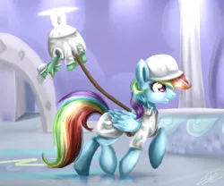 Size: 600x500 | Tagged: safe, artist:yummiestseven65, derpibooru import, rainbow dash, tank, pegasus, pony, tanks for the memories, clothes, duo, female, hard hat, lab coat, leash, mare, scene interpretation, weather factory uniform, winter lab