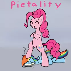 Size: 1440x1440 | Tagged: safe, artist:muffinsforever, derpibooru import, pinkie pie, rainbow dash, earth pony, pegasus, pony, fatality, mortal kombat, pie, pied, pun, standing on head