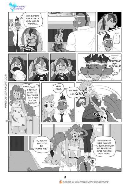 Size: 1200x1697 | Tagged: adult spike, anthro, apron, artist:pia-sama, barefoot, breasts, casual nudity, cleavage, clothes, comic, comic:rogue diamond, derpibooru import, feet, female, fluttershy, glomp, messy, messy eating, monochrome, naked apron, off shoulder, older, pinkie pie, plantigrade anthro, rainbow dash, revy dash, sandals, spike, suggestive, sweater, sweatershy, toes