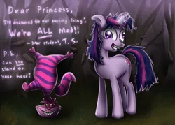 Size: 1575x1125 | Tagged: safe, artist:wdeleon, derpibooru import, twilight sparkle, cat, pony, unicorn, alice in wonderland, cheshire cat, crossover, magic, twilight snapple, unicorn twilight