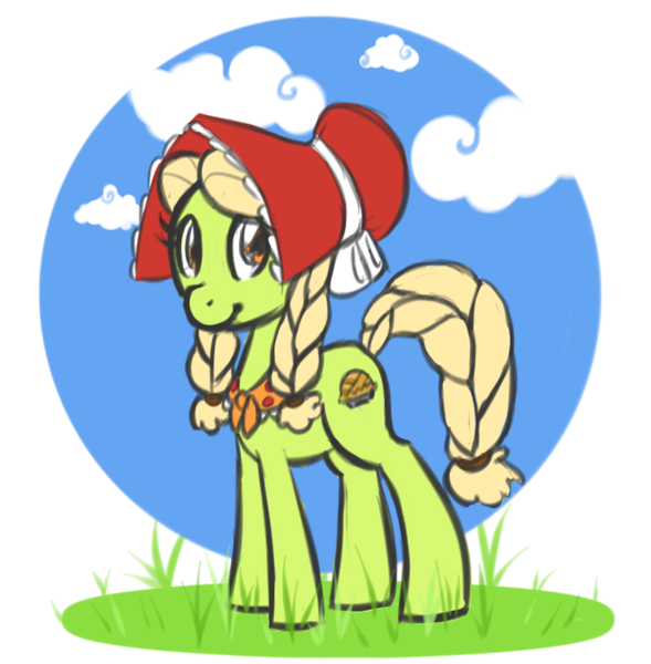 Size: 657x669 | Tagged: safe, artist:khiroptera, derpibooru import, granny smith, earth pony, pony, adorasmith, bonnet, braid, braided tail, cute, female, mare, solo, young granny smith, younger