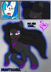 Size: 1235x1740 | Tagged: safe, artist:otakon, derpibooru import, octavia melody, vinyl scratch, comic:octavia, dream, female, lesbian, nightmare octavia, nightmarified, scratchtavia, shipping, transformation, treble clef heart