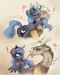 Size: 4000x5000 | Tagged: suggestive, artist:magnaluna, derpibooru import, discord, princess luna, alicorn, draconequus, pony, abstract background, absurd resolution, adorasexy, blushing, both cutie marks, chest fluff, crown, cute, discute, dock, ear fluff, exclamation point, eyes closed, face licking, fangs, female, fluffy, heart, hornboner, hug, impossibly long tongue, jewelry, kissing, leg fluff, licking, lunabetes, lunacord, male, mare, moonbutt, non-consensual licking, open mouth, plot, question mark, regalia, sexy, shipping, shoulder fluff, slit eyes, straight, stupid sexy discord, stupid sexy princess luna, tentacle tongue, wing fluff, young discord, younger