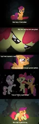 Size: 1024x3181 | Tagged: safe, artist:agryx, derpibooru import, apple bloom, scootaloo, sweetie belle, earth pony, pegasus, pony, unicorn, comic, crying, cut, cutie mark crusaders, everfree forest, female, filly, injured