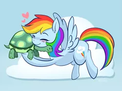 Size: 1071x799 | Tagged: safe, artist:saber-panda, derpibooru import, rainbow dash, tank, tanks for the memories, blushing, cloud, cute, dashabetes, duo, ear fluff, heart, solo