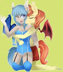 Size: 1024x1170 | Tagged: suggestive, artist:je-lly, derpibooru import, oc, oc:crisp air, oc:glimmer palette, unofficial characters only, anthro, bat pony, airlette, anthro oc, boxer briefs, breasts, cleavage, clothes, corset, couple, eyes closed, female, hug, male, straight