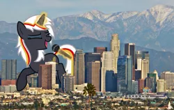 Size: 2401x1513 | Tagged: safe, artist:auskeldeo, derpibooru import, oc, oc:velvet remedy, unofficial characters only, pony, unicorn, fallout equestria, fanfic, city, eyes closed, fanfic art, female, giant pony, glowing horn, highrise ponies, horn, irl, los angeles, macro, magic, mare, microphone, mountain, open mouth, photo, ponies in real life, singing, solo, telekinesis