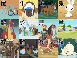 Size: 1600x1200 | Tagged: safe, derpibooru import, screencap, angel bunny, basil, chief thunderhooves, little strongheart, lonestar, mr. mousey, sunset shimmer, winona, big cat, buffalo, chicken, dog, dragon, horse, monkey, mouse, pig, rabbit, sheep, snake, tiger, a bird in the hoof, castle sweet castle, daring don't, dragonshy, equestria girls, friendship through the ages, just for sidekicks, magical mystery cure, over a barrel, putting your hoof down, stare master, the crystal empire, winter wrap up, chinese text, chinese zodiac, tiny ewes, zodiac