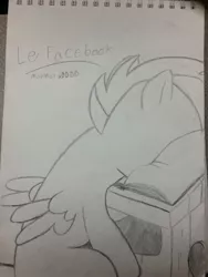 Size: 2203x2937 | Tagged: safe, artist:messenger, derpibooru import, scootaloo, pegasus, pony, book, caption, desk, facebook, facebooking, facedesk, female, filly, headdesk, le, may may xd, meme, monochrome, pencil drawing, sketch, sleeping, sleeping in class, solo, traditional art