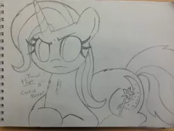 Size: 2937x2203 | Tagged: safe, artist:messenger, derpibooru import, trixie, pony, unicorn, caption, female, fourth wall, frown, mare, monochrome, pencil drawing, sketch, solo, traditional art, unamused