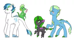 Size: 1849x1000 | Tagged: artist:pikokko, blushing, changeling, colored claws, crack ship offspring, derpibooru import, dracony, frown, half-siblings, hybrid, looking up, magical gay spawn, oc, oc:bonfire, oc:carapace, oc:emerald glare, offspring, parent:gummy, parent:queen chrysalis, parents:chryspike, parent:shining armor, parent:spike, parents:shiningspike, parents:spixie, parent:trixie, raised hoof, safe, simple background, smiling, unofficial characters only, wat, white background