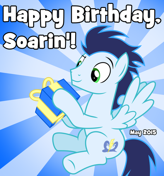 Size: 2800x3000 | Tagged: safe, artist:chainchomp2, derpibooru import, soarin', pegasus, pony, birthday, cute, gift art, high res, male, present, soarinbetes, solo, stallion, sunburst background, vector