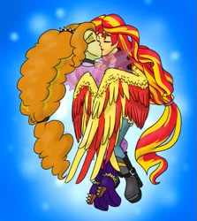 Size: 587x657 | Tagged: safe, artist:catlover1672, derpibooru import, adagio dazzle, sunset shimmer, equestria girls, female, fin wings, hug, impossibly long hair, kissing, lesbian, shipping, sunsagio, sunset phoenix, wing hold, winghug, wings