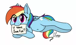 Size: 1440x844 | Tagged: suggestive, artist:quarantinedchaoz, derpibooru import, rainbow dash, pegasus, pony, backwards cutie mark, belly button, chubby, cute, female, fuk, lying down, mare, mouth hold, paper, side, simple background, solo, vulgar, white background