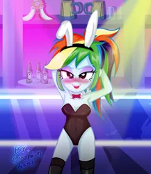 Size: 1575x1817 | Tagged: suggestive, artist:sumin6301, derpibooru import, rainbow dash, equestria girls, adorasexy, armpits, bedroom eyes, beer, blushing, bunny suit, clothes, cute, dashabetes, eyeshadow, heineken, image, jpeg, leotard, lipstick, playboy bunny, playboy bunny rainbow dash, sexy, socks, solo, stockings, stupid sexy rainbow dash, thigh highs