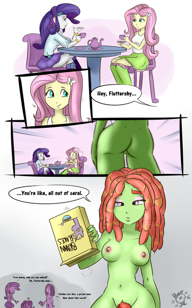 Size: 2000x3200 | Tagged: questionable, artist:ponut_joe, derpibooru import, fluttershy, rarity, tree hugger, oc, oc:brann flakes, equestria girls, make new friends but keep discord, alternate hairstyle, ass, belly button, breasts, busty tree hugger, casual nudity, cereal, clothed female nude female, clothes, comic, cross-eyed, dreadlocks, equestria girls-ified, female, females only, misspelling, nipples, nudist tree hugger, nudity, practitioner of naturism, pubic hair, sexy, skirt, stupid sexy tree hugger, tanktop, treebutt